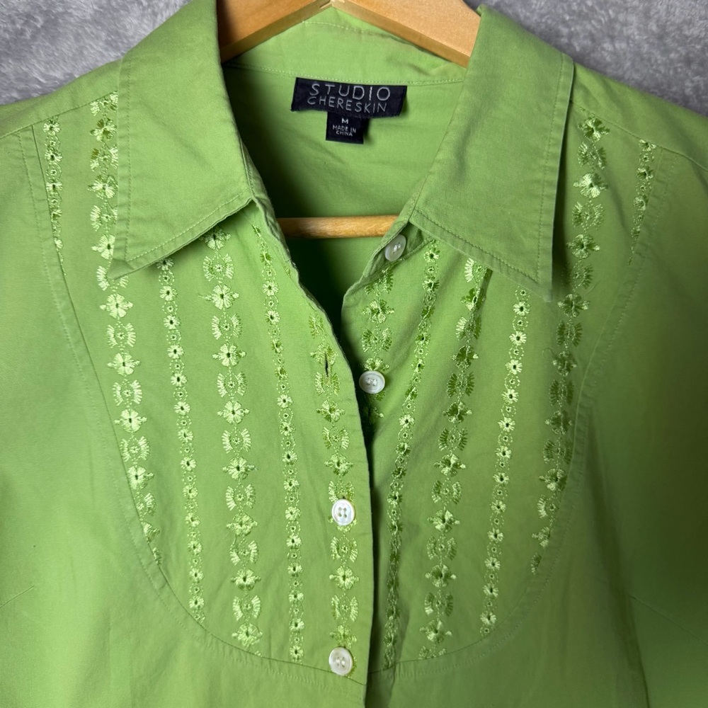 Vintage Y2K Green Embroidered Button Down Blouse Cottagecore Boho Garden Top (M)